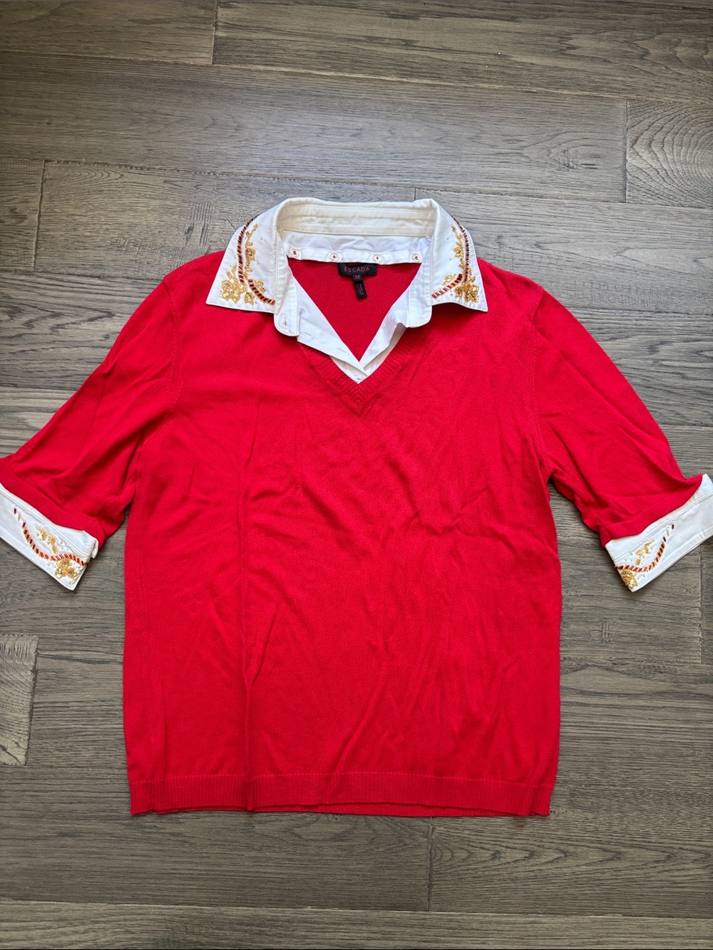 Escada | 1980’s Red VNeck Sweater with Beaded White Collar and Cuffs Size 38